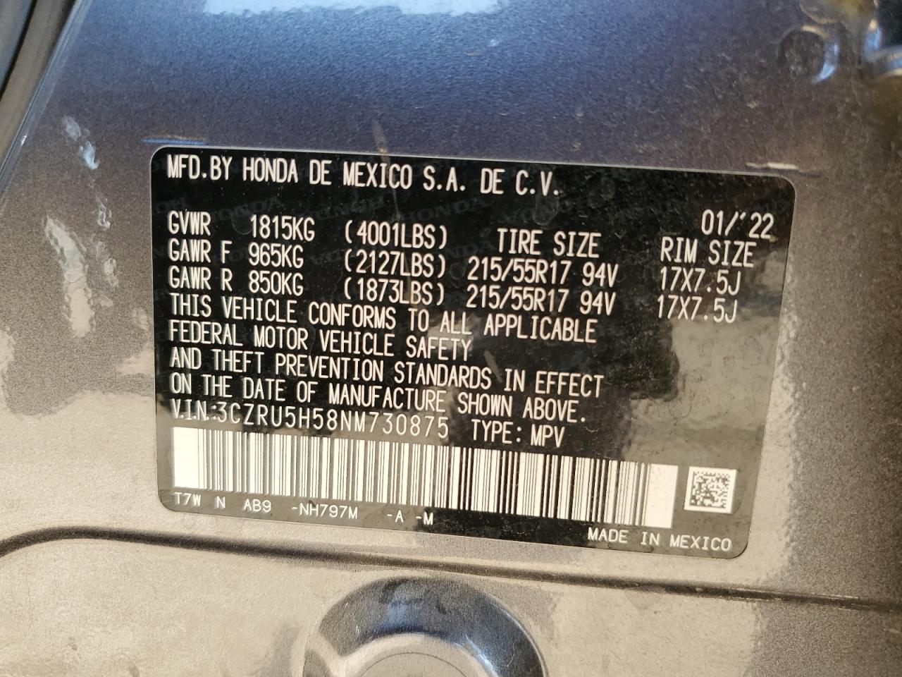 2022 Honda Hr-V Ex VIN: 3CZRU5H58NM730875 Lot: 81927675