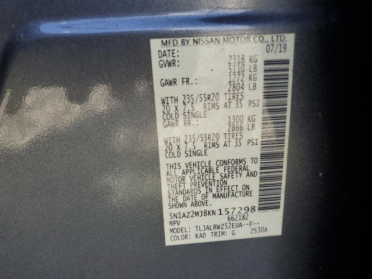 2019 Nissan Murano S VIN: 5N1AZ2MJ8KN157298 Lot: 80465295