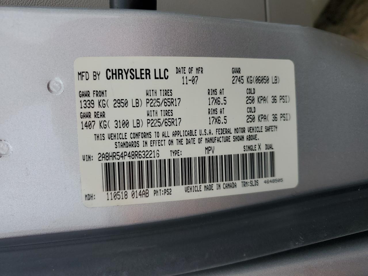 2008 Chrysler Town & Country Touring VIN: 2A8HR54P48R632216 Lot: 81798255