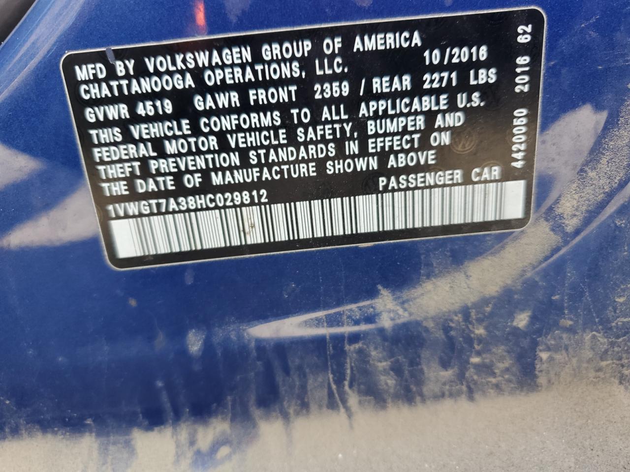 2017 Volkswagen Passat Se VIN: 1VWGT7A38HC029812 Lot: 80245735