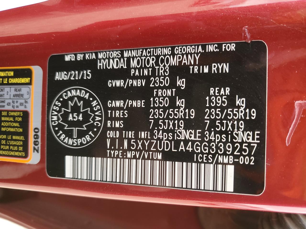 2016 Hyundai Santa Fe Sport VIN: 5XYZUDLA4GG339257 Lot: 71433285