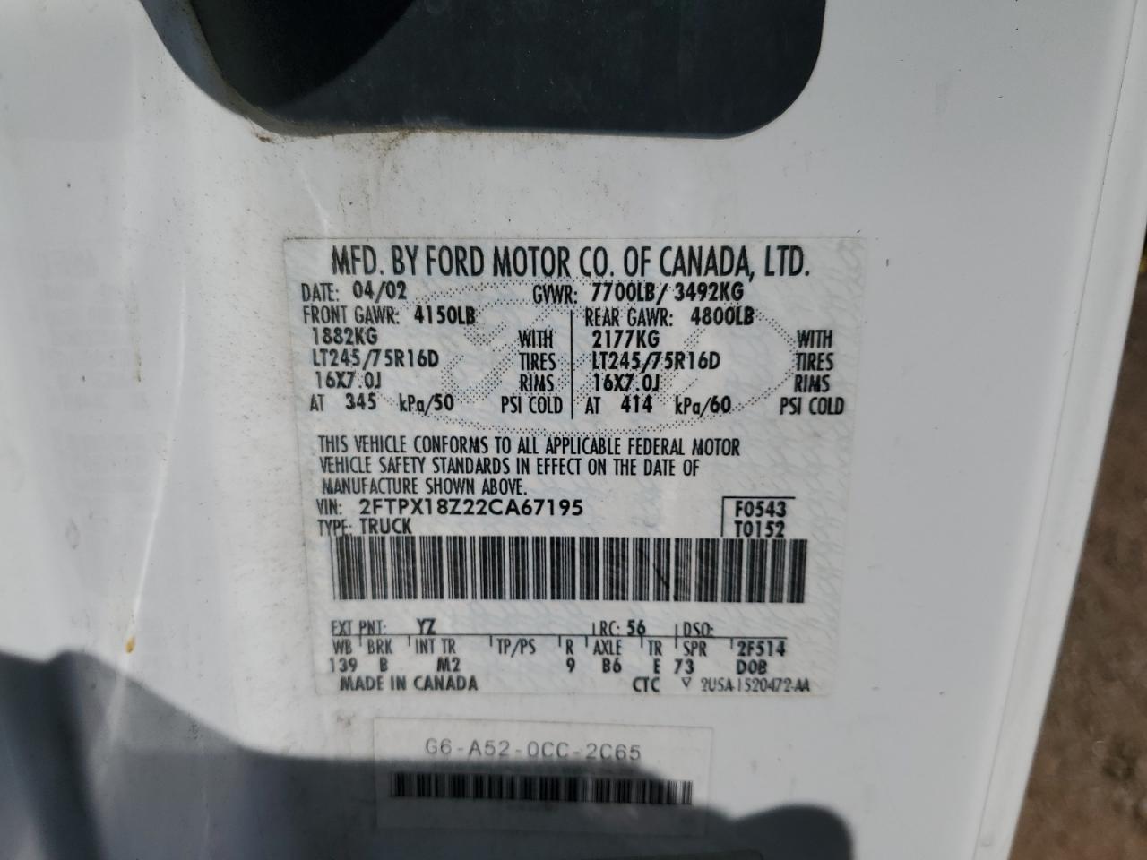 2002 Ford F150 VIN: 2FTPX18Z22CA67195 Lot: 81082155