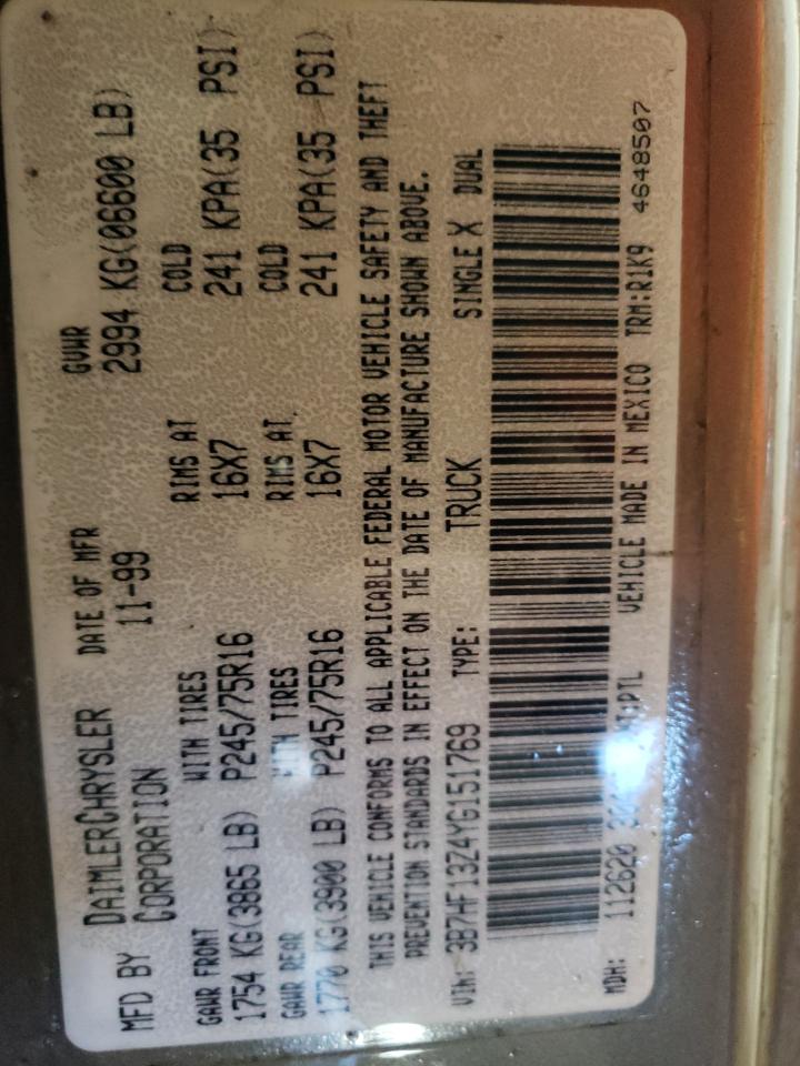 2000 Dodge Ram 1500 VIN: 3B7HF13Z4YG151769 Lot: 84264055