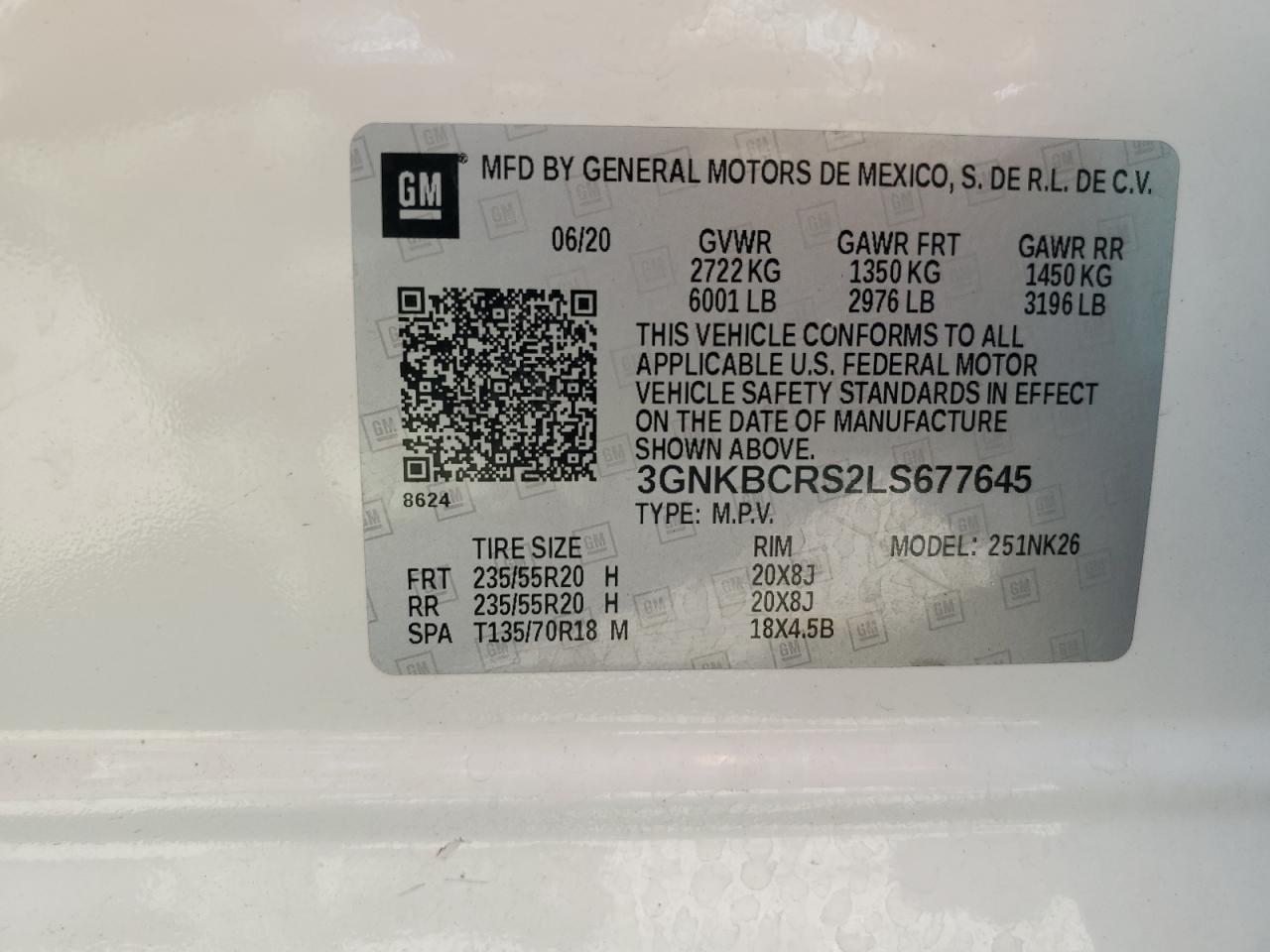 2020 Chevrolet Blazer 2Lt VIN: 3GNKBCRS2LS677645 Lot: 70750685