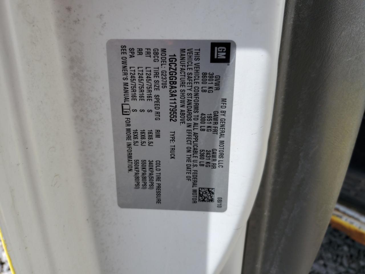 2010 Chevrolet Express G2500 VIN: 1GCZGGBA3A1179552 Lot: 71093955