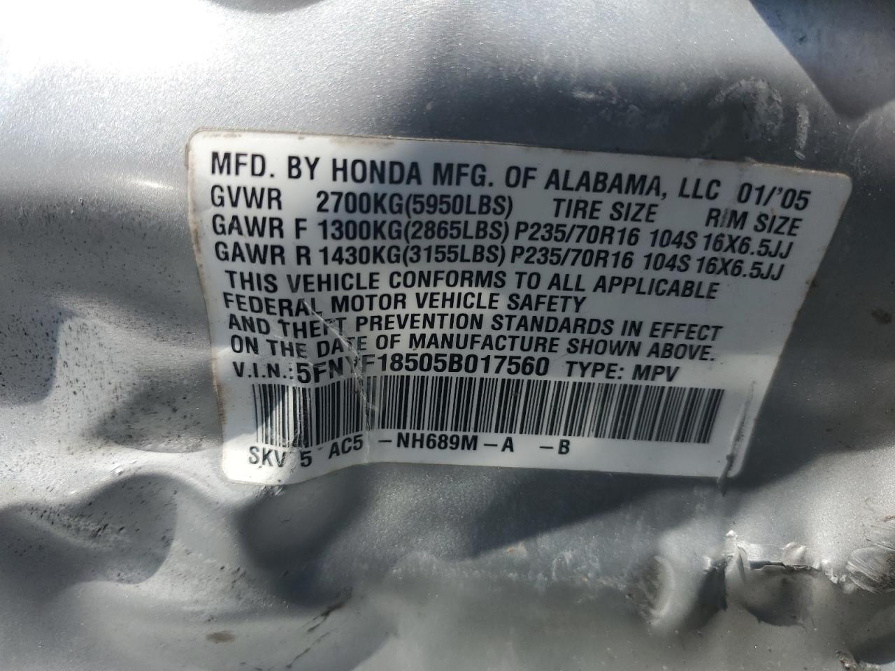 2005 Honda Pilot Exl VIN: 5FNYF18505B017560 Lot: 70959635