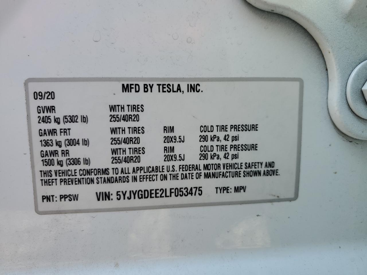 2020 Tesla Model Y VIN: 5YJYGDEE2LF053475 Lot: 72081585