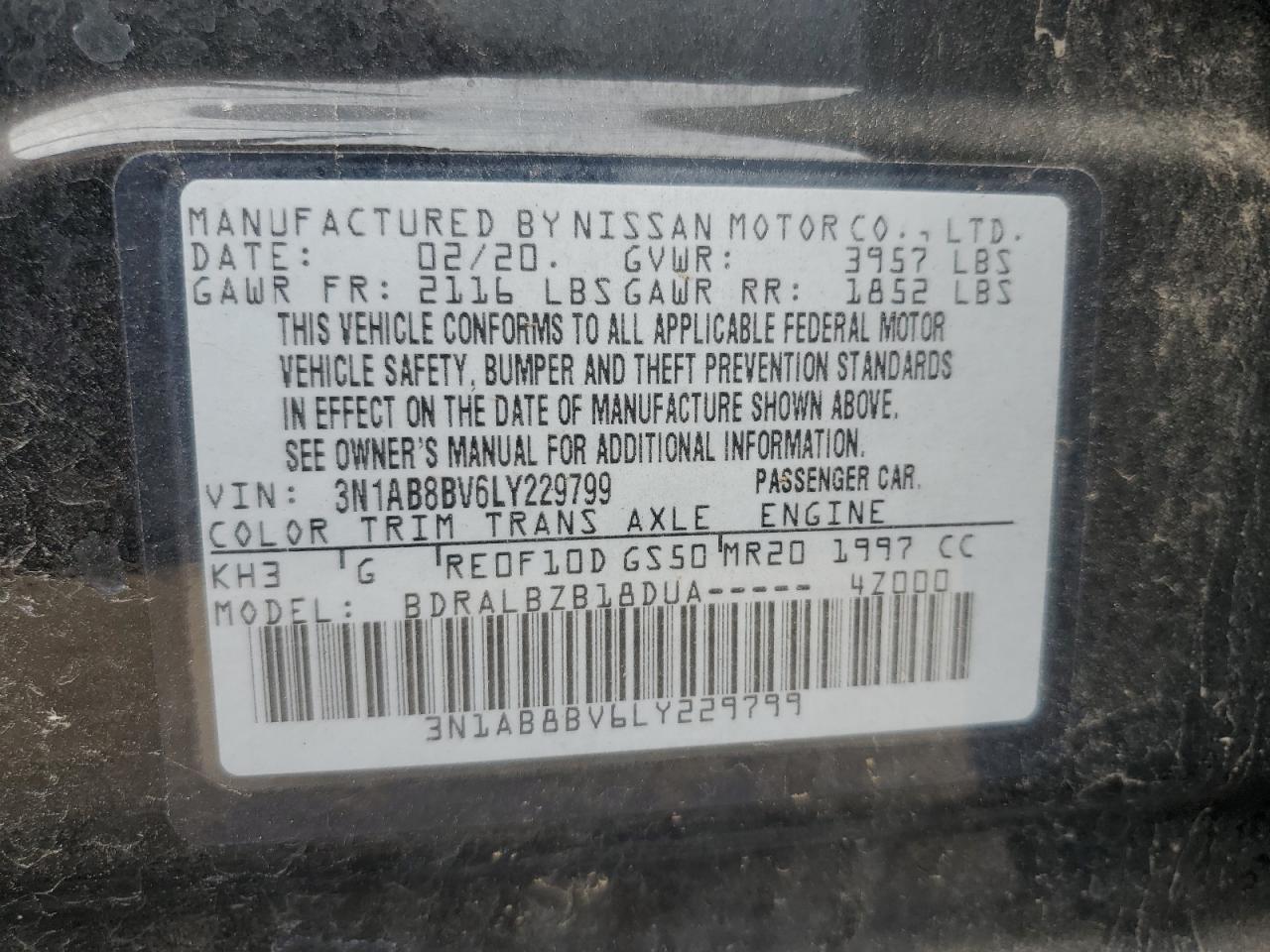 2020 Nissan Sentra S VIN: 3N1AB8BV6LY229799 Lot: 81296815