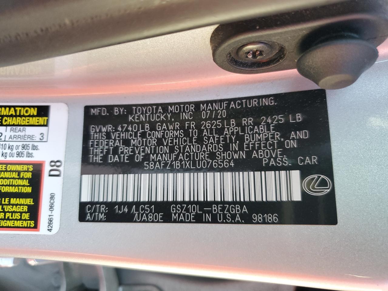2020 Lexus Es 350 Ultra Luxury VIN: 58AFZ1B1XLU076564 Lot: 80188985