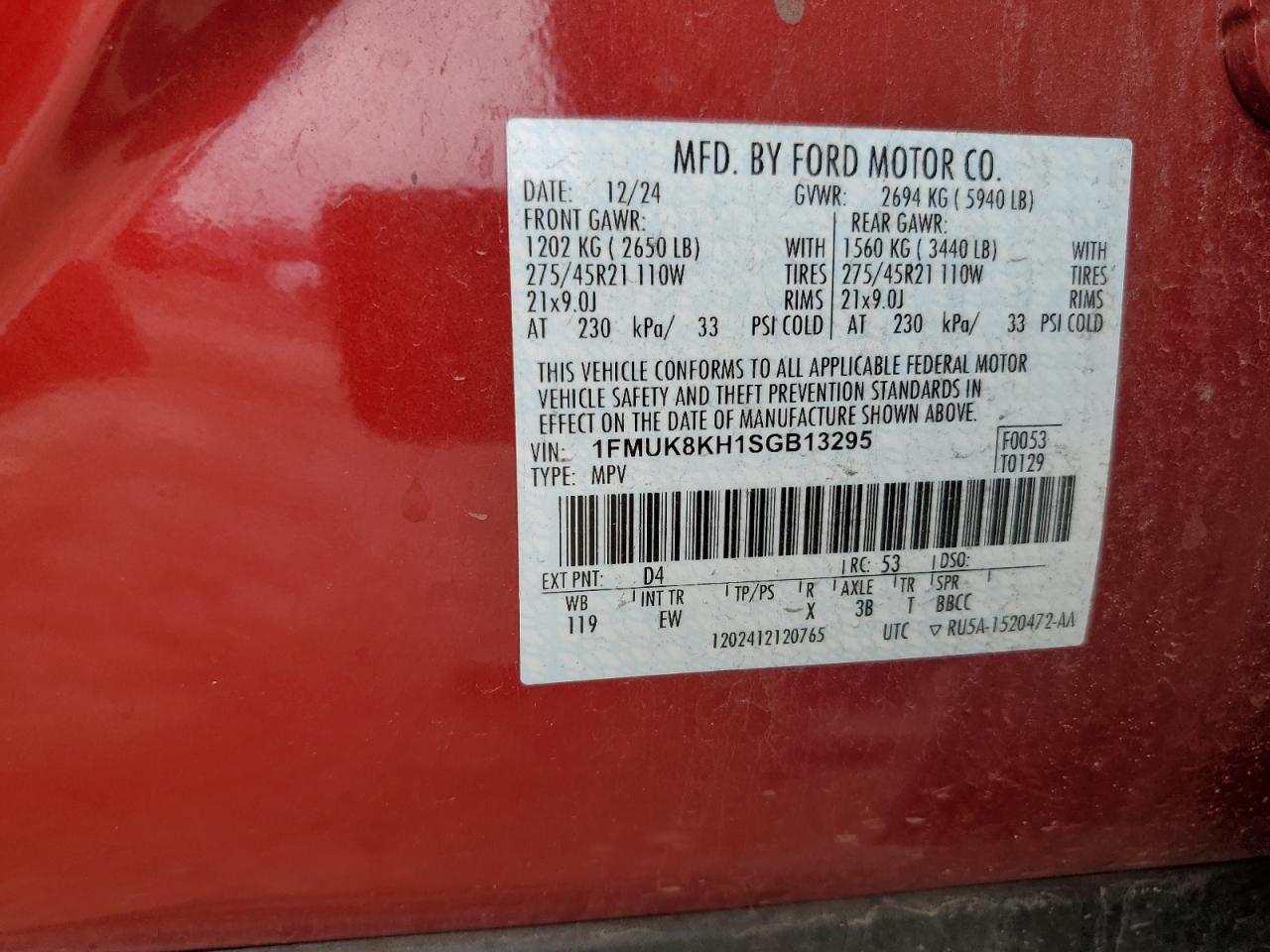 2025 Ford Explorer St-Line VIN: 1FMUK8KH1SGB13295 Lot: 81225735