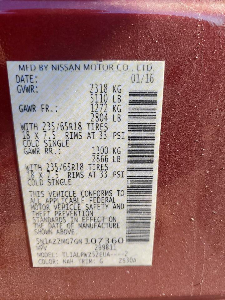 2016 Nissan Murano S VIN: 5N1AZ2MG7GN107360 Lot: 71649145