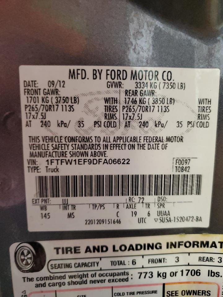 2013 Ford F150 Supercrew VIN: 1FTFW1EF9DFA06622 Lot: 81158815