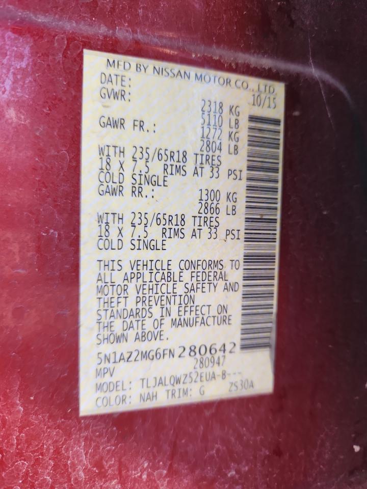 2015 Nissan Murano S VIN: 5N1AZ2MG6FN280642 Lot: 81231535