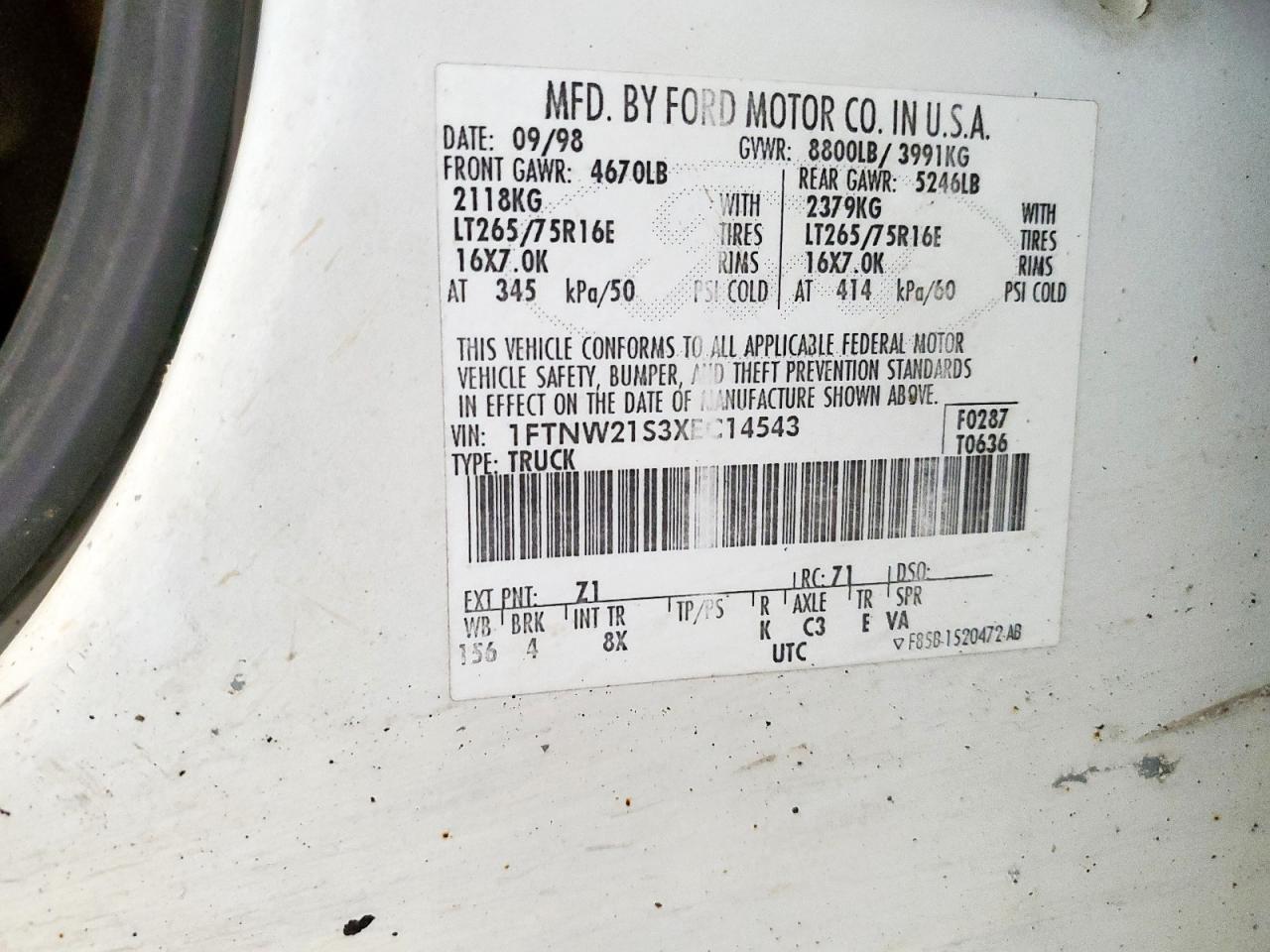 1999 Ford F250 Super Duty VIN: 1FTNW21S3XEC14543 Lot: 81483675