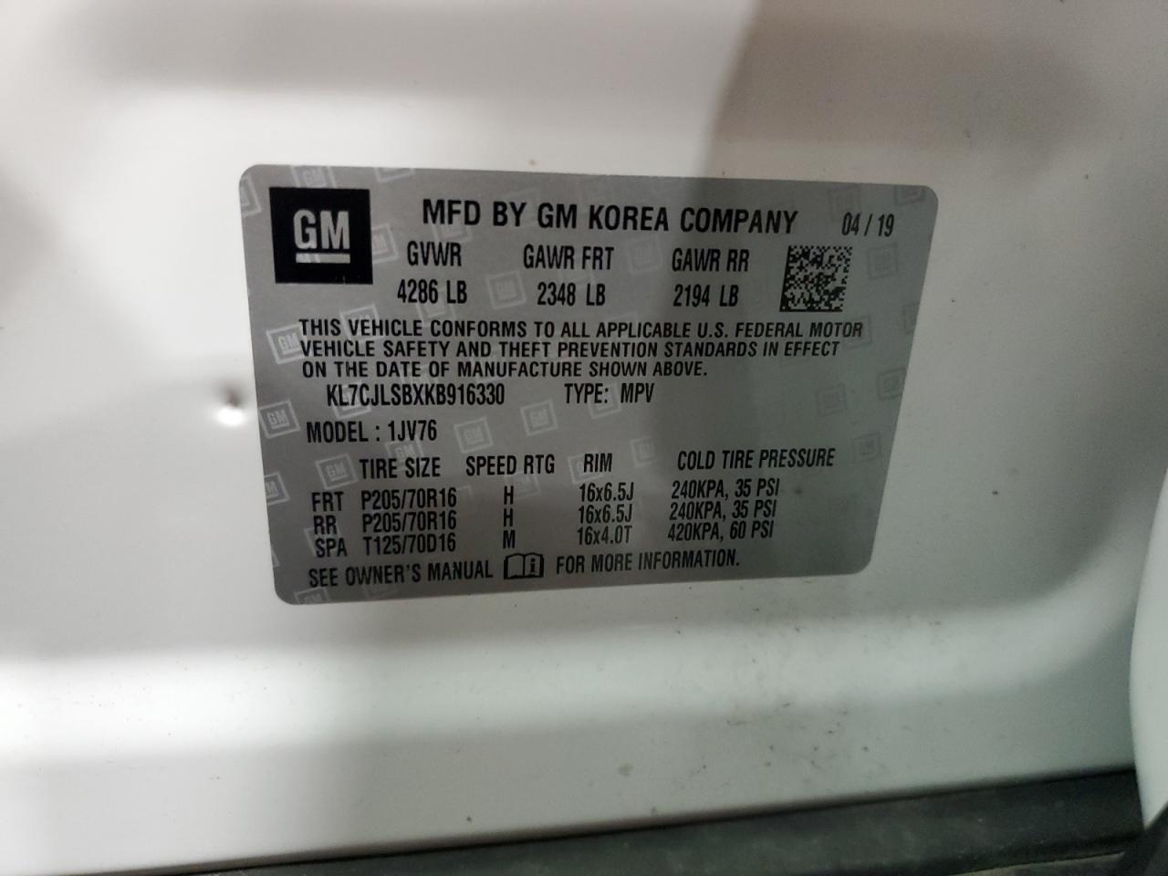 2019 Chevrolet Trax 1Lt VIN: KL7CJLSBXKB916330 Lot: 81585785