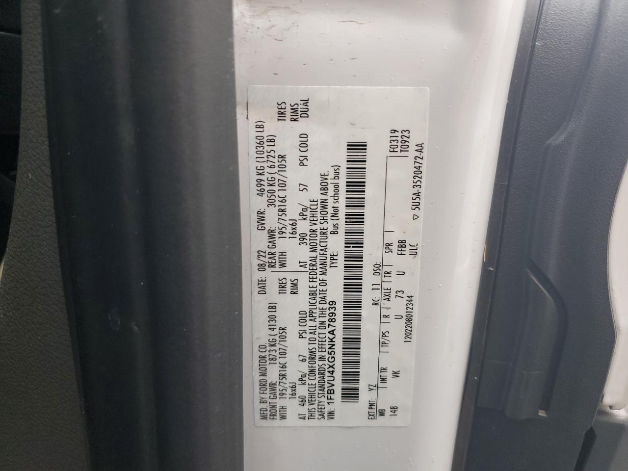 2022 Ford Transit T-350 Hd VIN: 1FBVU4XG5NKA78939 Lot: 70257875