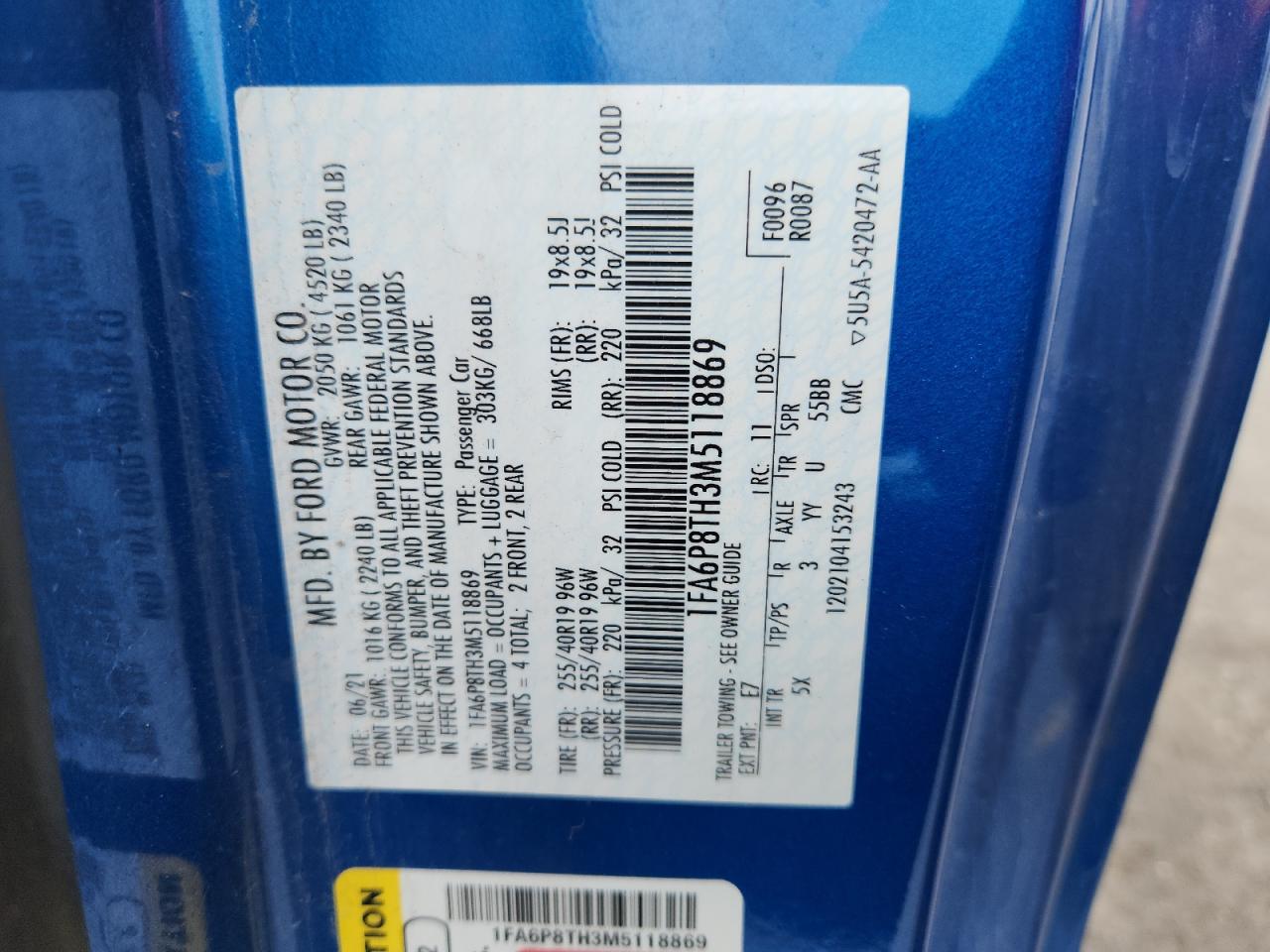 2021 Ford Mustang VIN: 1FA6P8TH3M5118869 Lot: 71278445