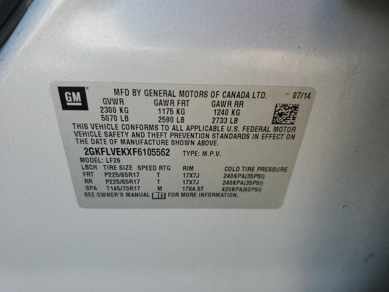 2015 GMC Terrain Sle VIN: 2GKFLVEKXF6105562 Lot: 71266395