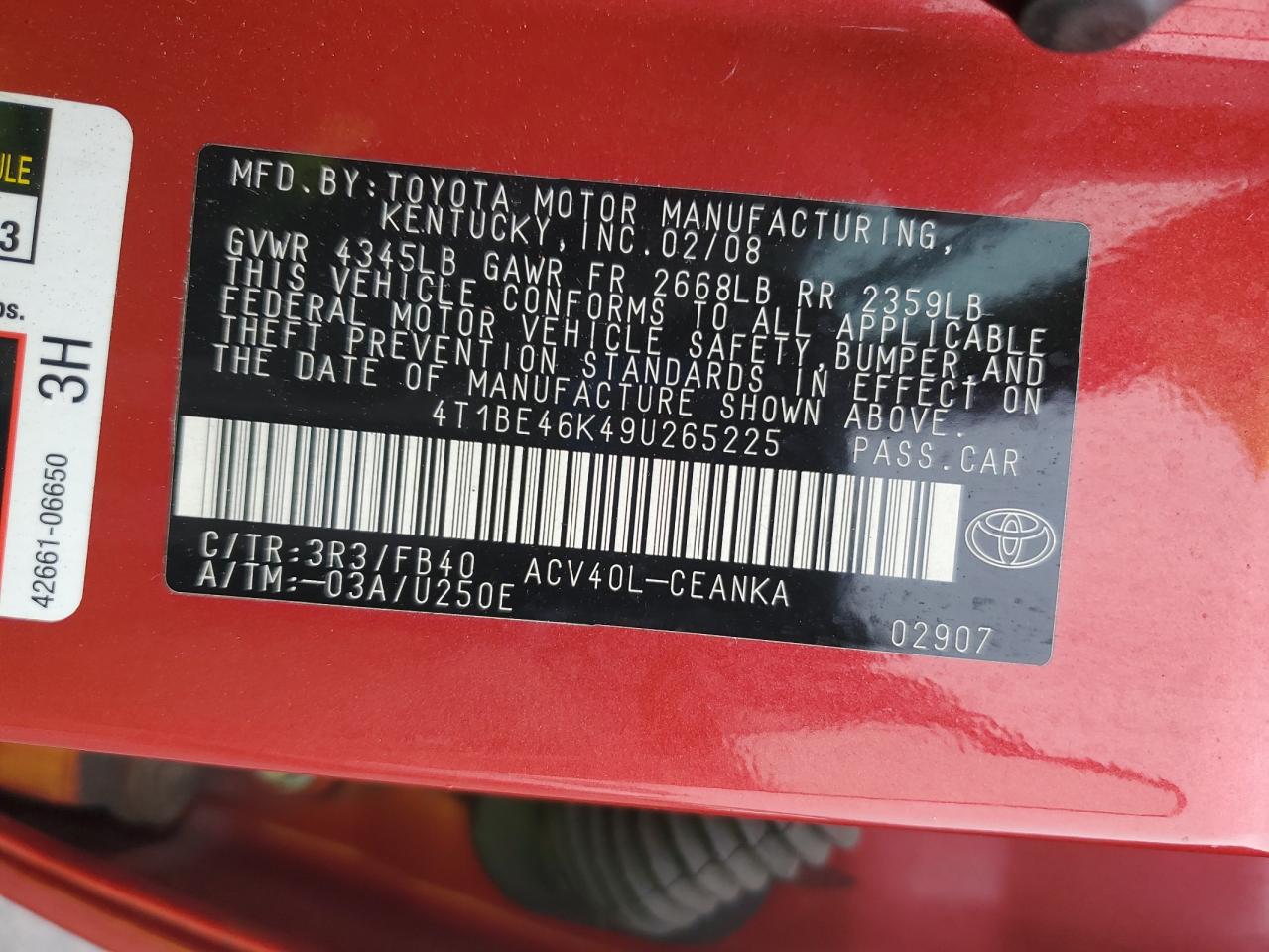 2009 Toyota Camry Base VIN: 4T1BE46K49U265225 Lot: 83763675