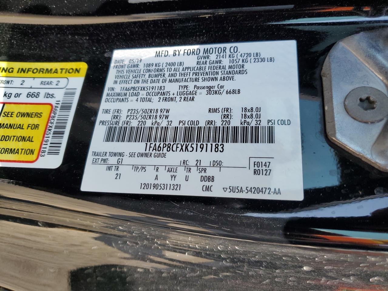 2019 Ford Mustang Gt VIN: 1FA6P8CFXK5191183 Lot: 71229915