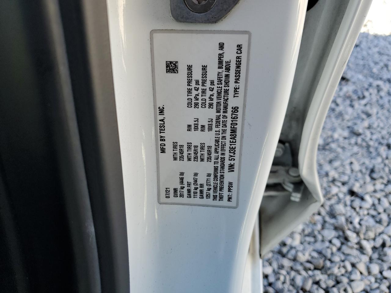 2021 Tesla Model 3 VIN: 5YJ3E1EA8MF016766 Lot: 81840335