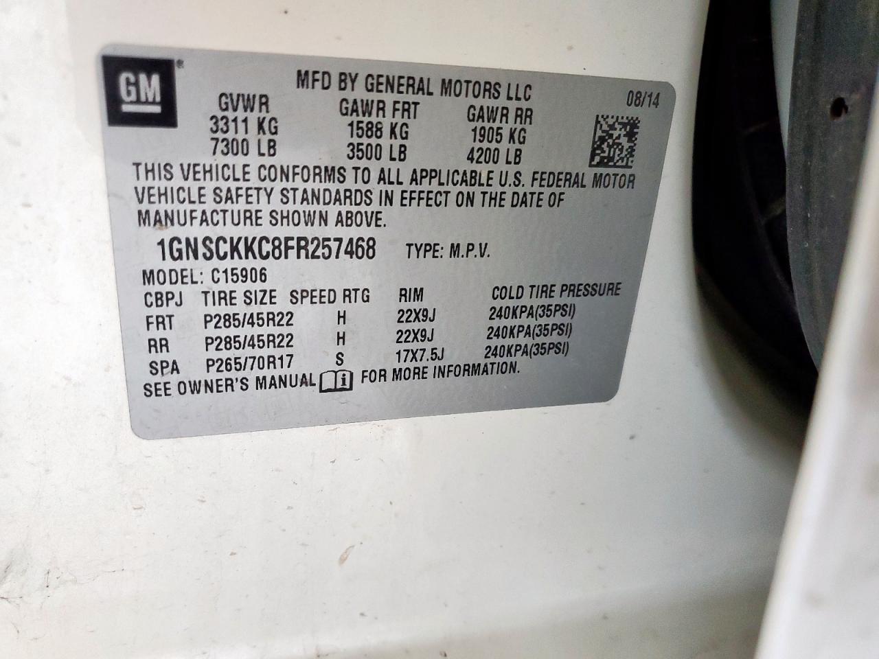 2015 Chevrolet Suburban C1500 Ltz VIN: 1GNSCKKC8FR257468 Lot: 83953995