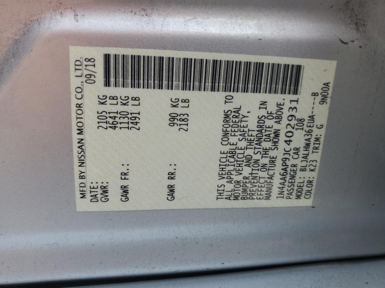 2018 Nissan Maxima 3.5S VIN: 1N4AA6AP9JC402931 Lot: 82059075