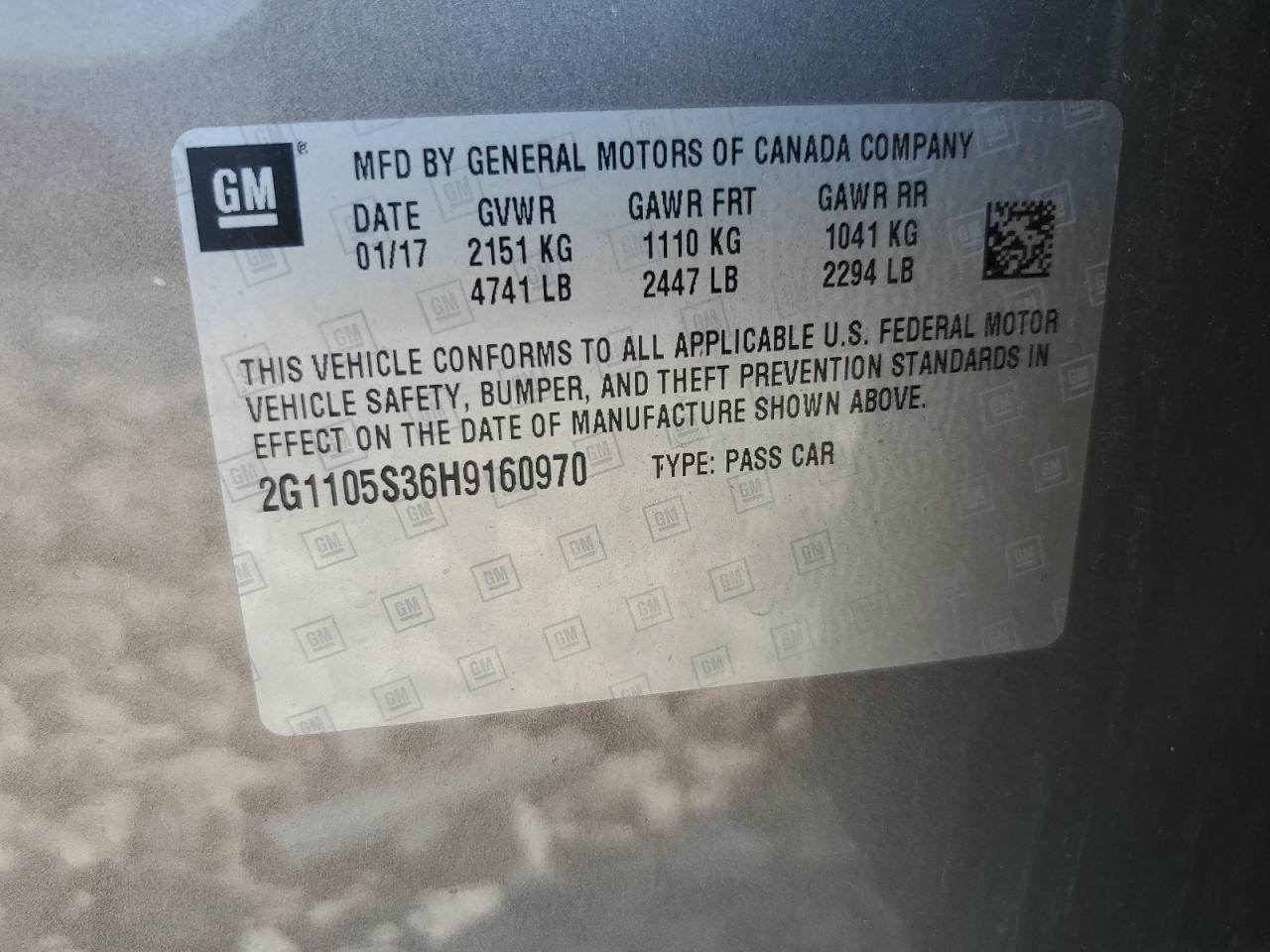 2017 Chevrolet Impala Lt VIN: 2G1105S36H9160970 Lot: 80716395