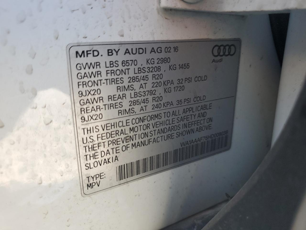 2017 Audi Q7 Premium VIN: WA1AAAF75HD008038 Lot: 80961905