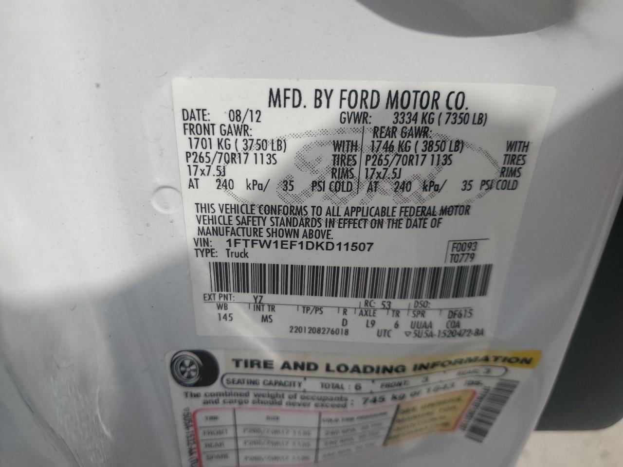 2013 Ford F150 Supercrew VIN: 1FTFW1EF1DKD11507 Lot: 80142005