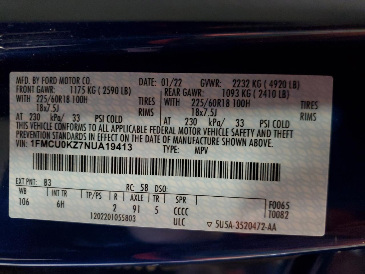 2022 Ford Escape Sel VIN: 1FMCU0KZ7NUA19413 Lot: 70488665