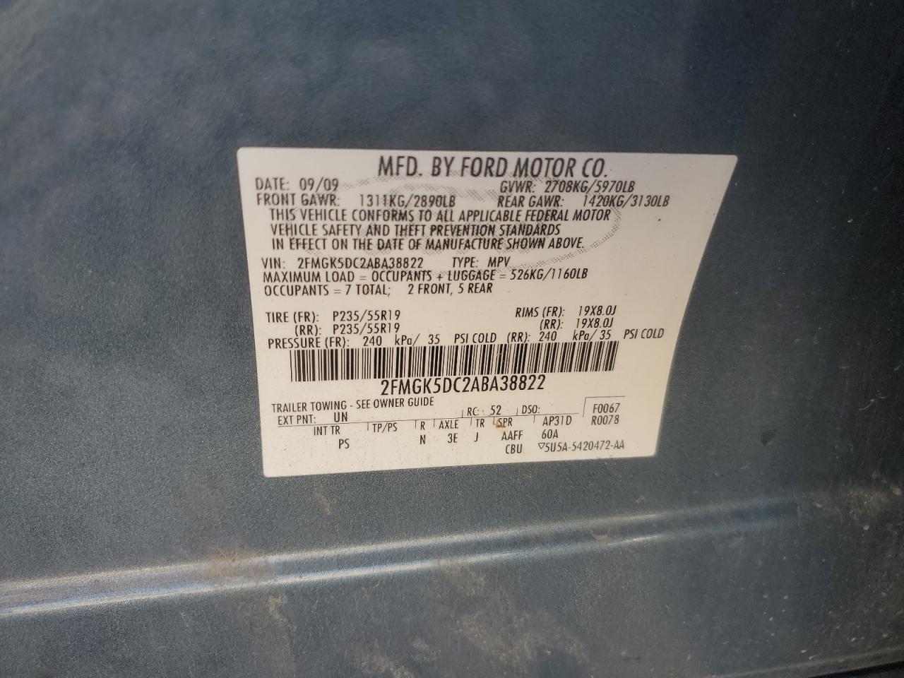2010 Ford Flex Limited VIN: 2FMGK5DC2ABA38822 Lot: 80254635