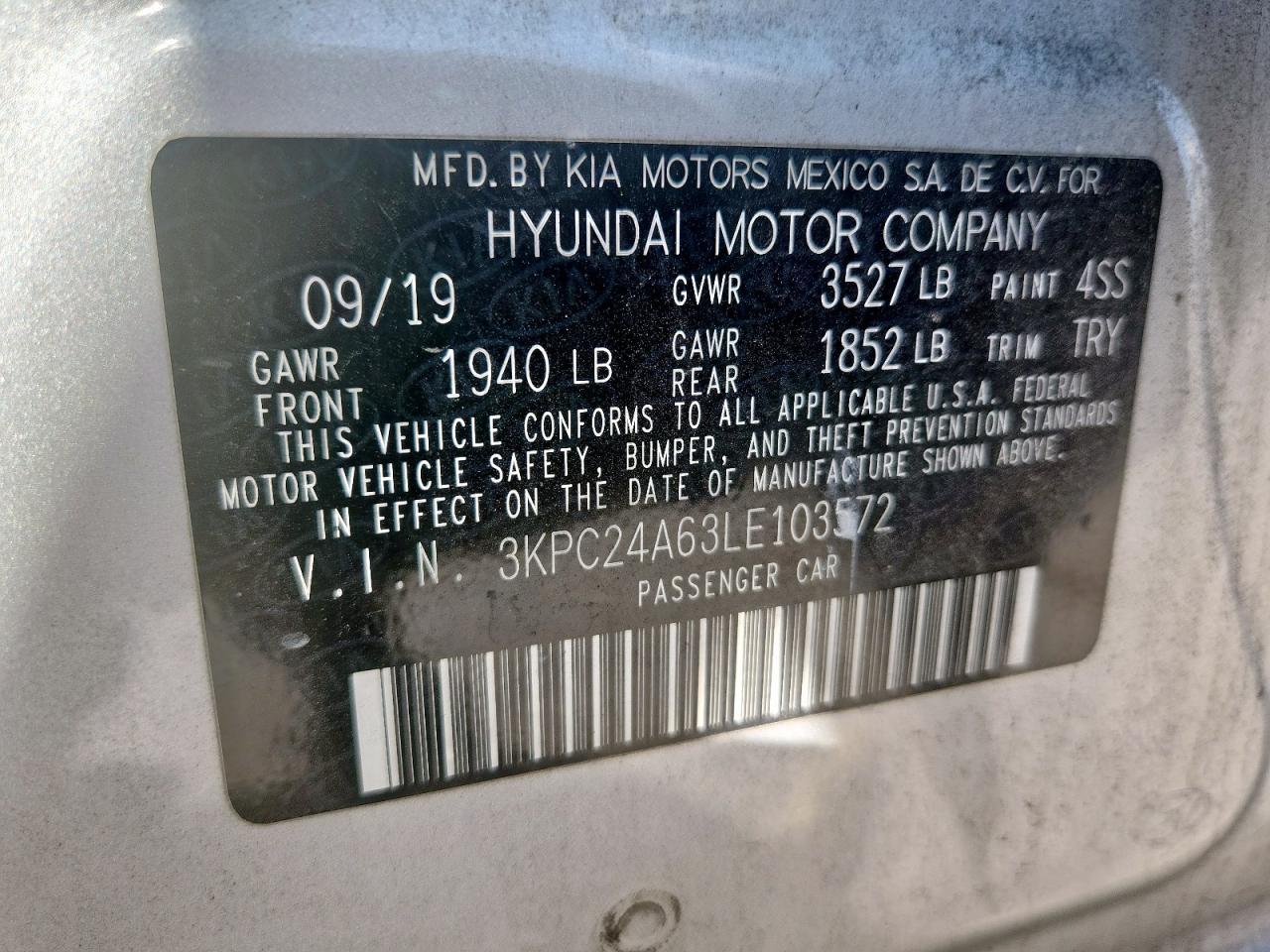 2020 Hyundai Accent Se VIN: 3KPC24A63LE103572 Lot: 71310405