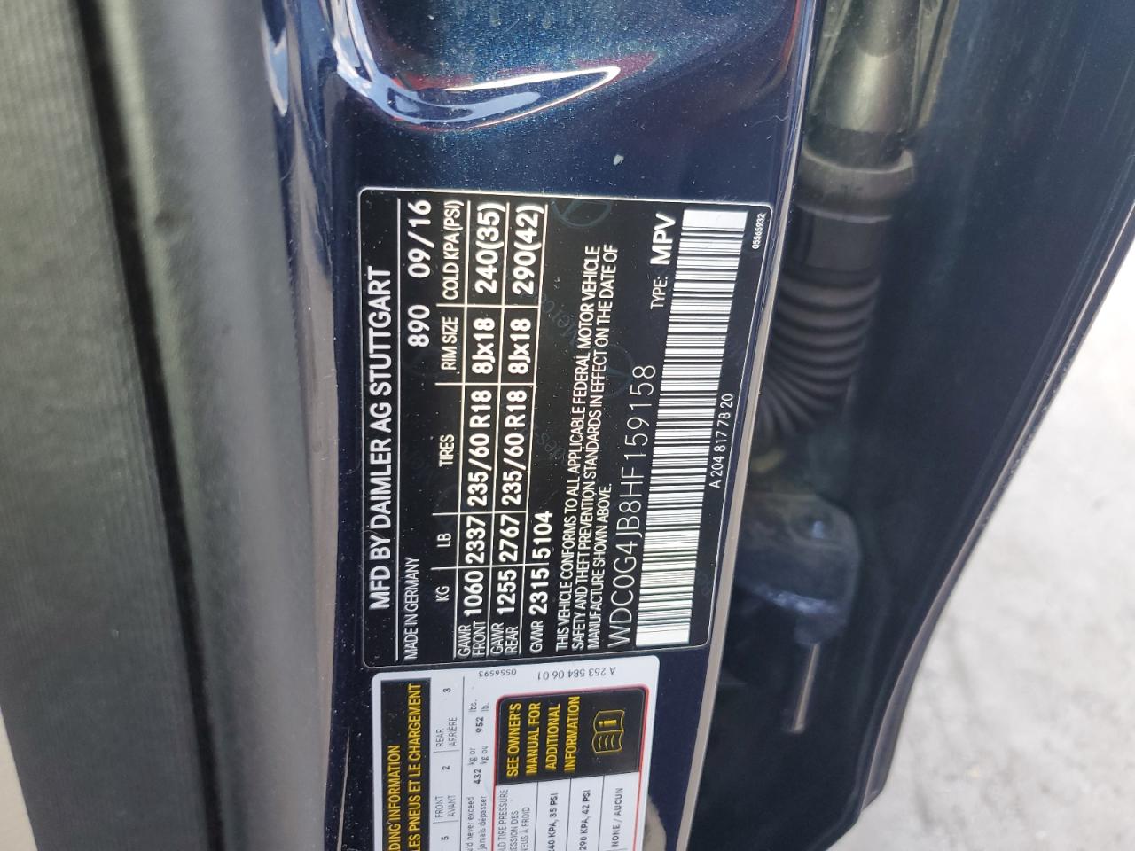 2017 Mercedes-Benz Glc 300 VIN: WDC0G4JB8HF159158 Lot: 81738315