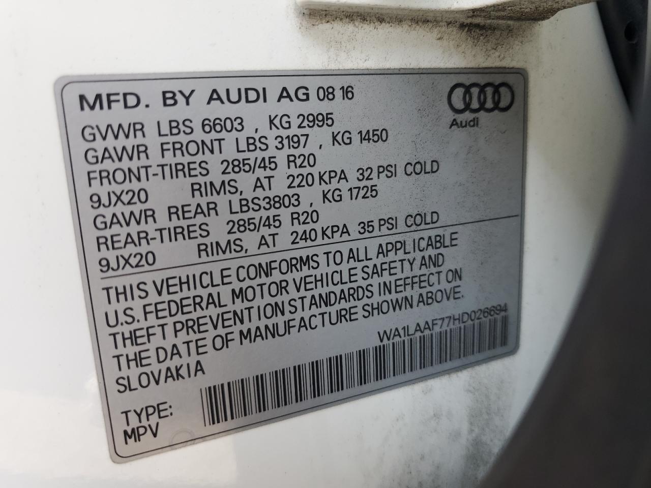 2017 Audi Q7 Premium Plus VIN: WA1LAAF77HD026694 Lot: 80270745