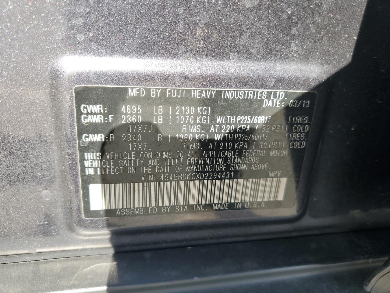 2013 Subaru Outback 3.6R Limited VIN: 4S4BRDKCXD2294431 Lot: 84058625
