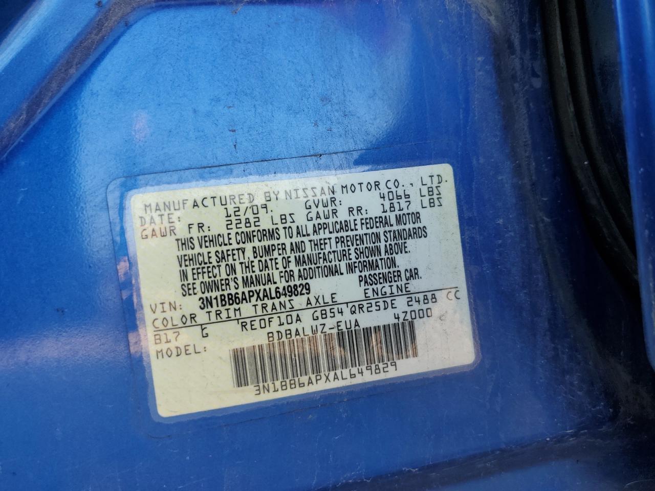 2010 Nissan Sentra Se-R VIN: 3N1BB6APXAL649829 Lot: 80808175