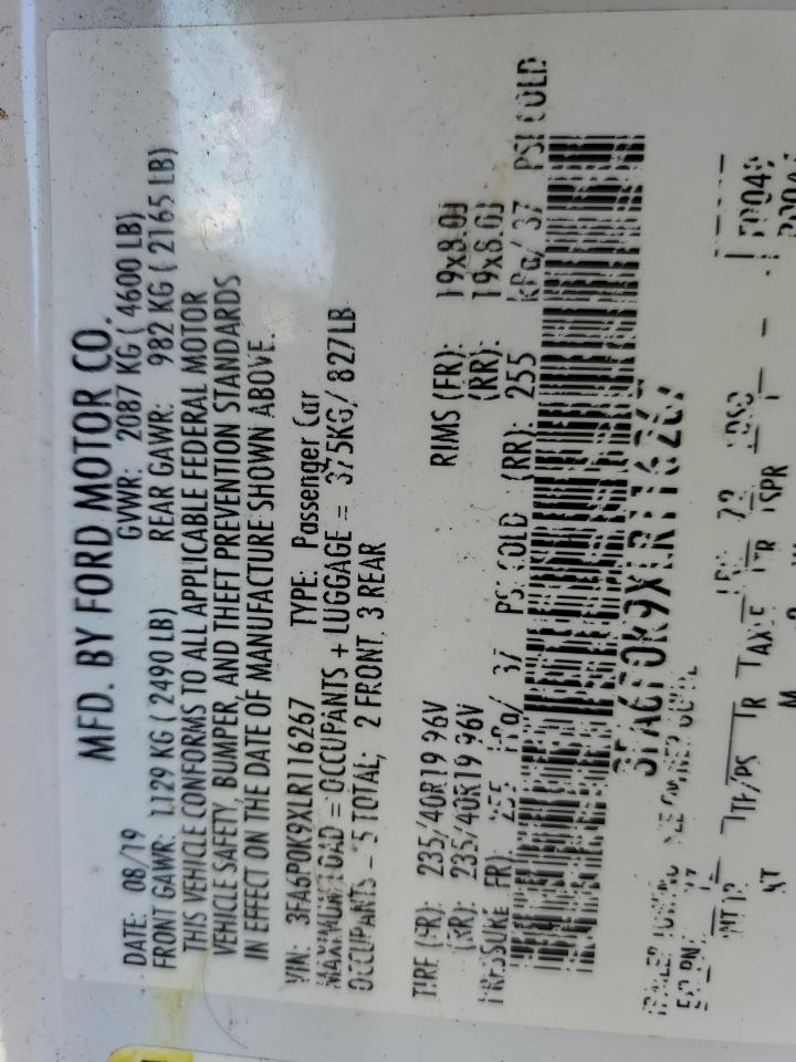 2020 Ford Fusion Titanium VIN: 3FA6P0K9XLR116267 Lot: 80912525