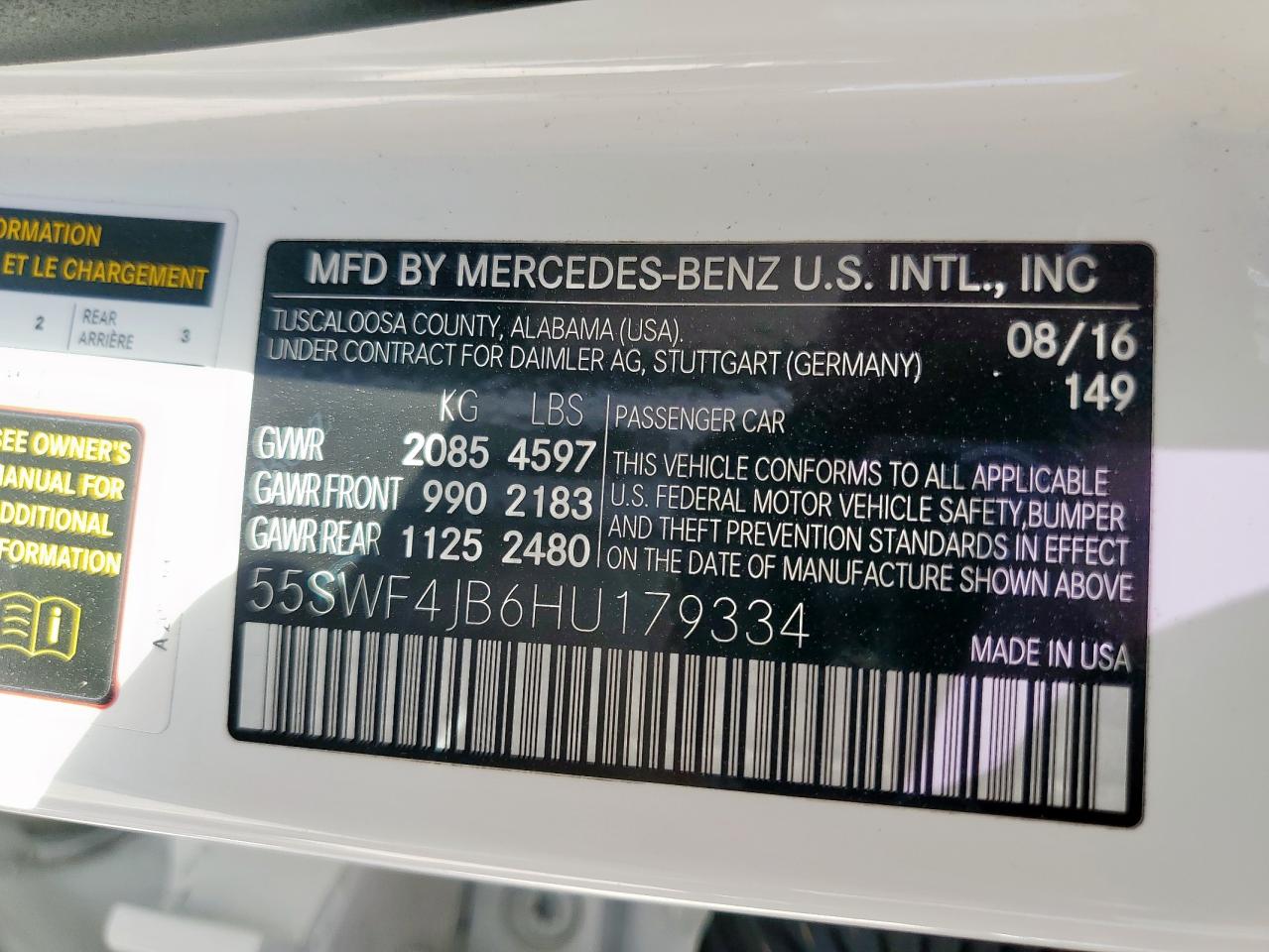 2017 Mercedes-Benz C 300 VIN: 55SWF4JB6HU179334 Lot: 84780945