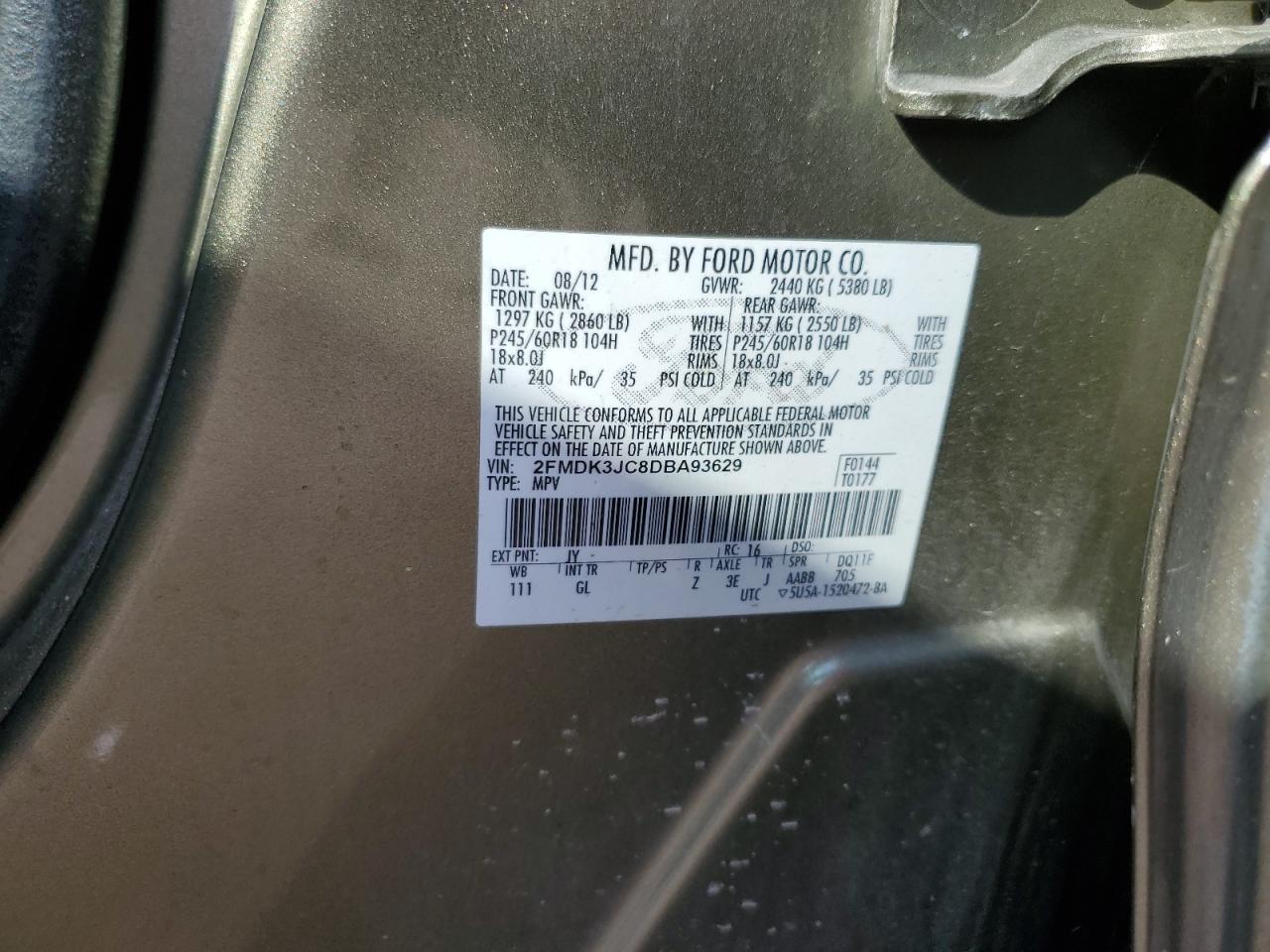 2013 Ford Edge Sel VIN: 2FMDK3JC8DBA93629 Lot: 80153785