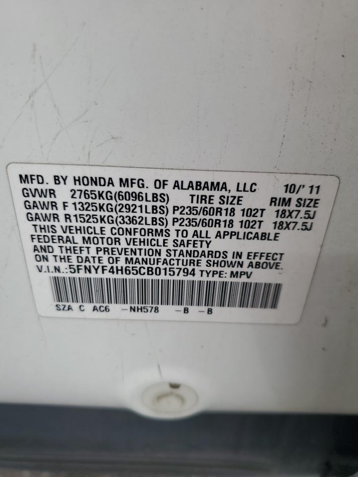 2012 Honda Pilot Exl VIN: 5FNYF4H65CB015794 Lot: 85483305