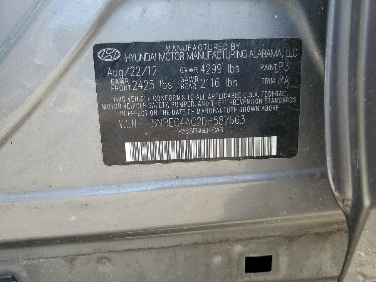 2013 Hyundai Sonata Se VIN: 5NPEC4AC2DH587663 Lot: 80288895