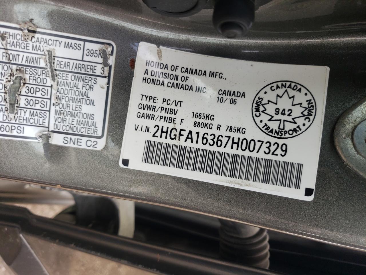 2007 Honda Civic Dx VIN: 2HGFA16367H007329 Lot: 82124465