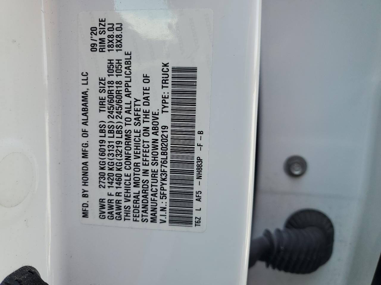 2020 Honda Ridgeline Rtl VIN: 5FPYK3F76LB020219 Lot: 81118805