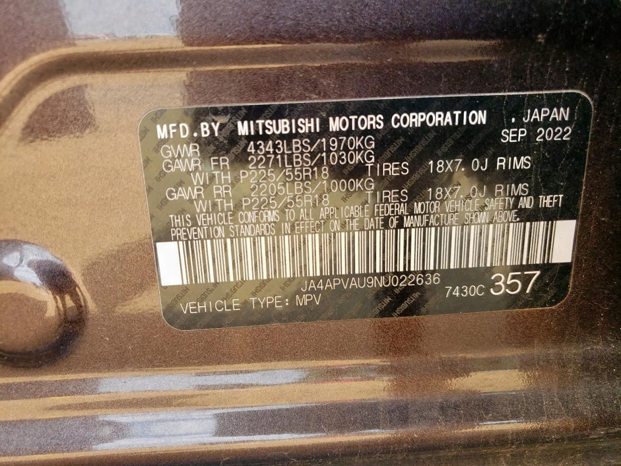 2022 Mitsubishi Outlander Sport Se VIN: JA4APVAU9NU022636 Lot: 84577505