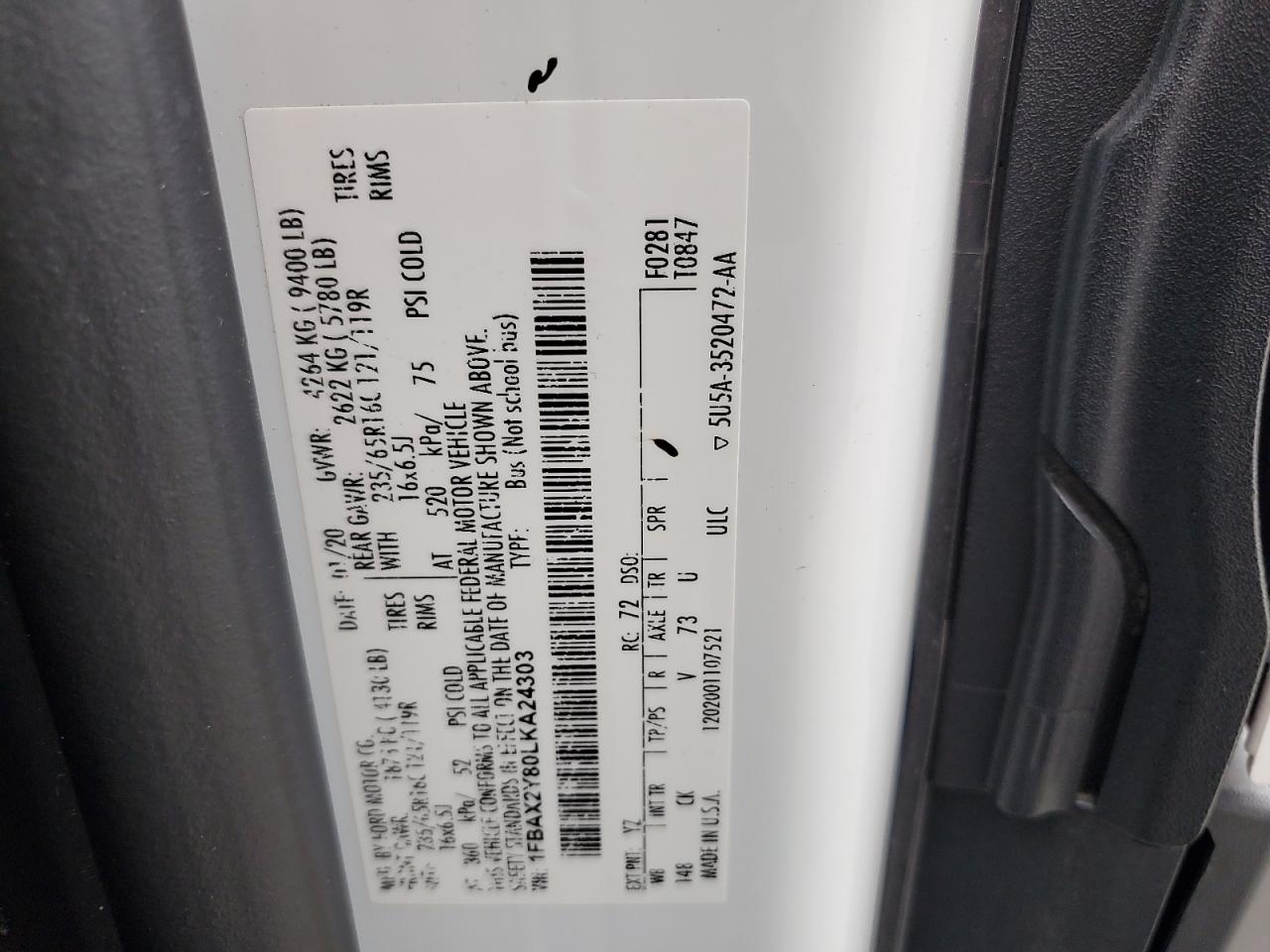 2020 Ford Transit T-350 VIN: 1FBAX2Y80LKA24303 Lot: 81579315