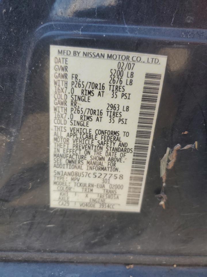 2007 Nissan Xterra Off Road VIN: 5N1AN08U57C527758 Lot: 71496055