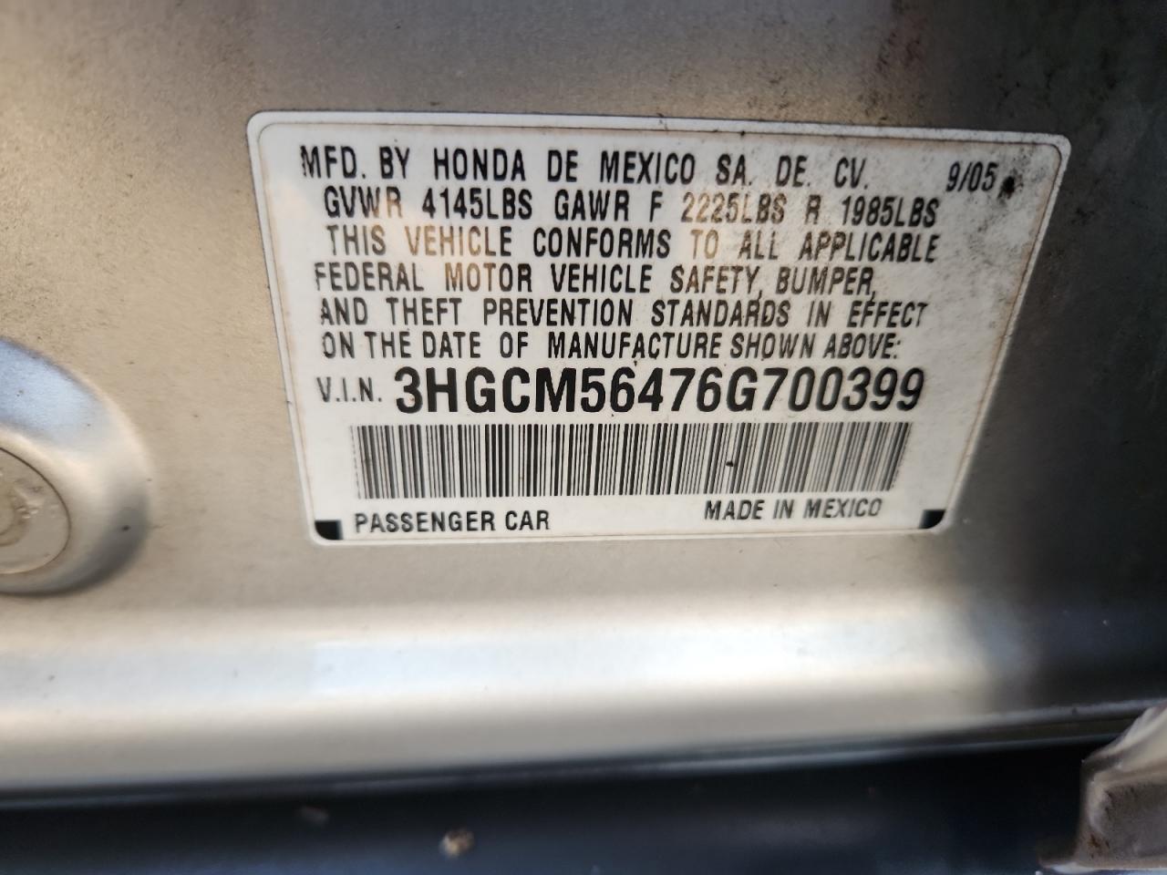 2006 Honda Accord Lx VIN: 3HGCM56476G700399 Lot: 71726315