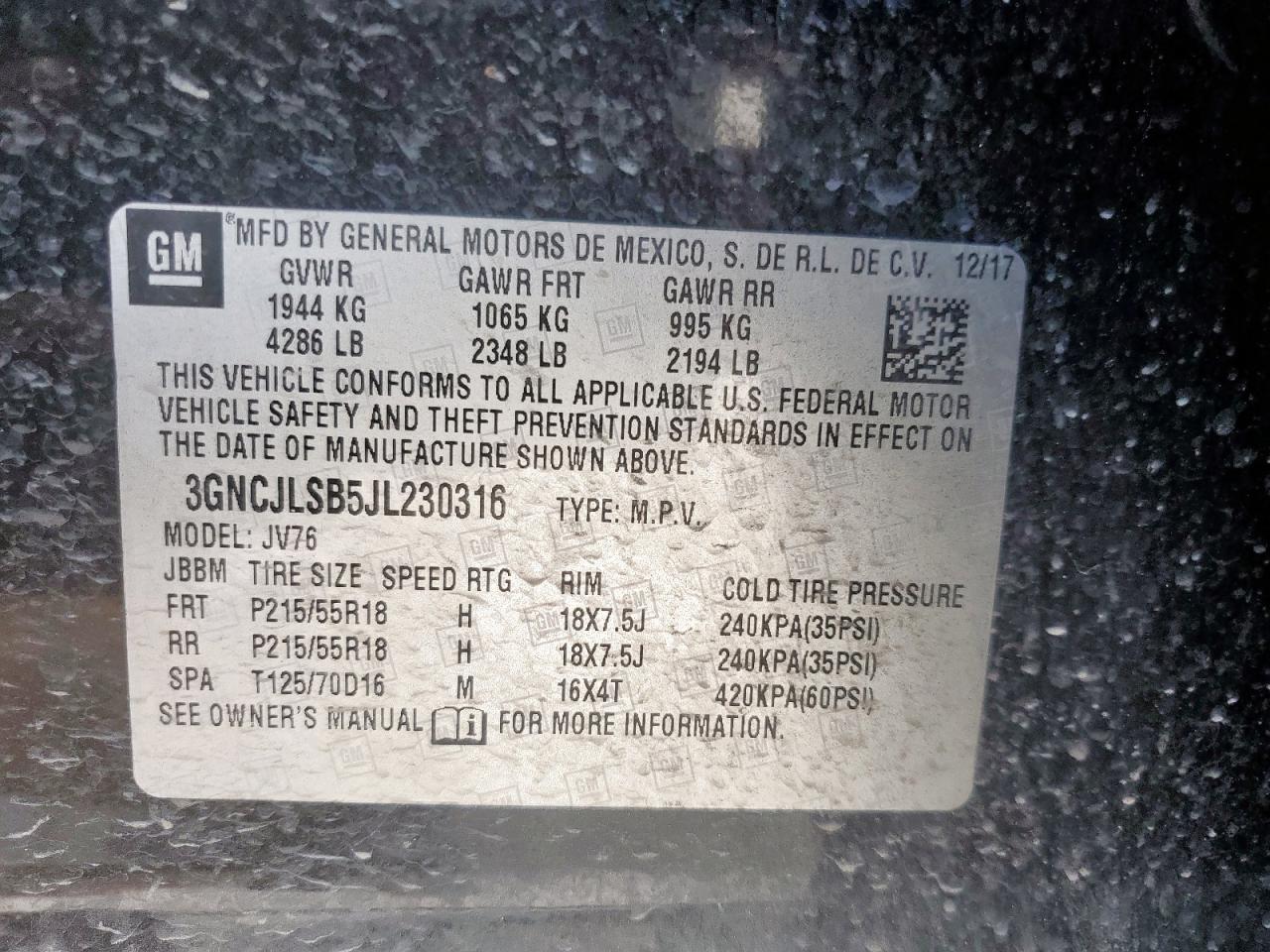 2018 Chevrolet Trax 1Lt VIN: 3GNCJLSB5JL230316 Lot: 66885295