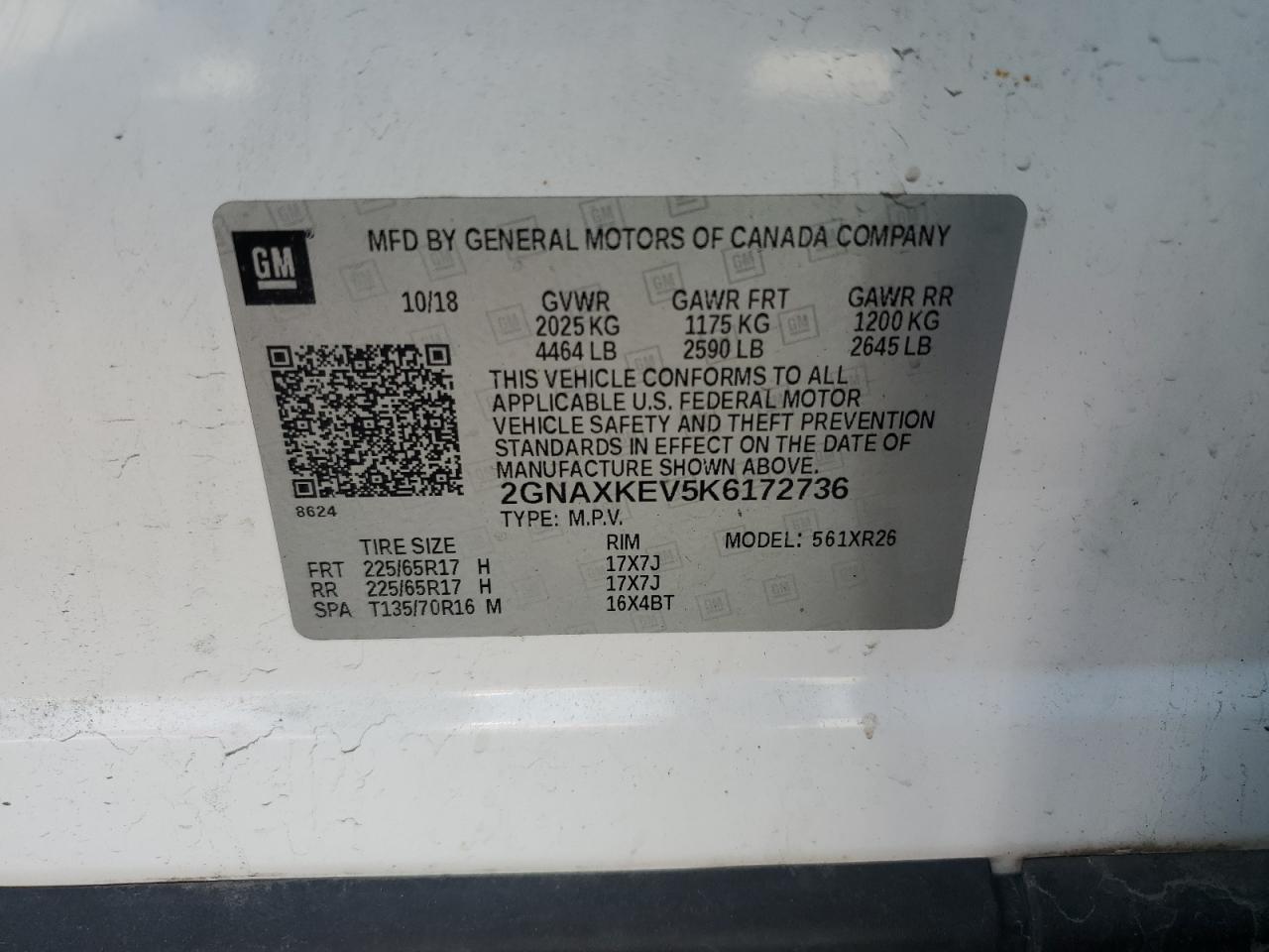 2019 Chevrolet Equinox Lt VIN: 2GNAXKEV5K6172736 Lot: 43362305